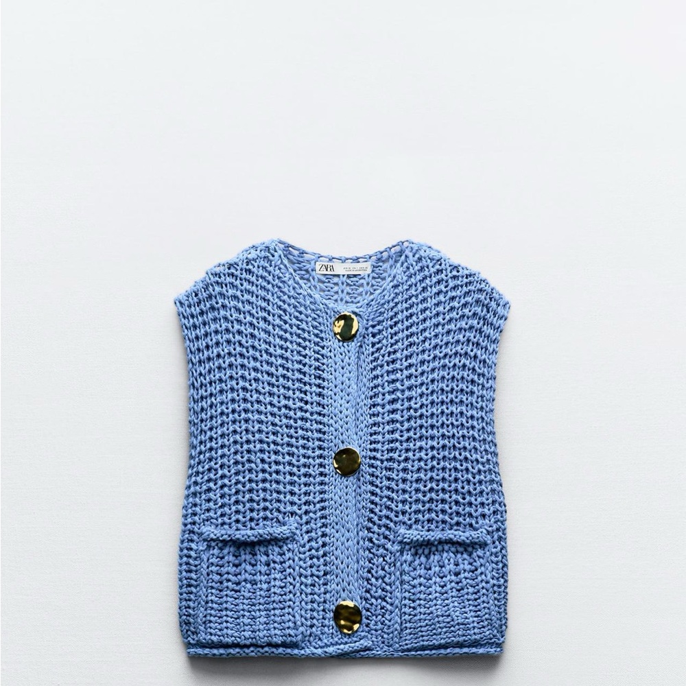 Zara Light Blue Knit Vest with Metallic Buttons